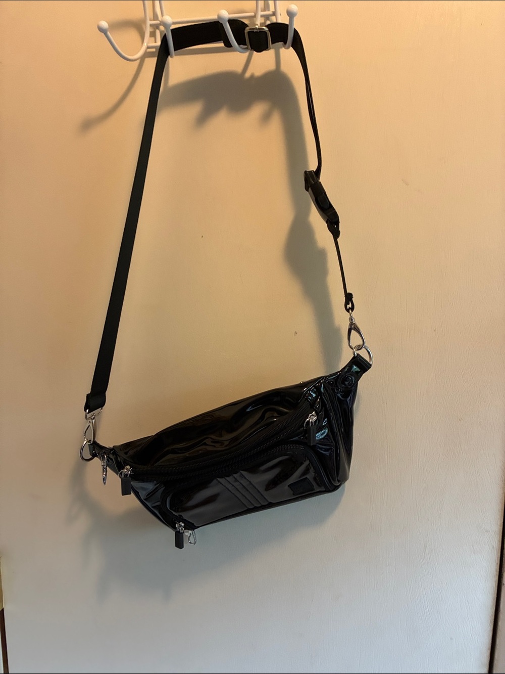Ihkwip Black Patent Crossbody Belt Bag - Sleek Women's sling bag.